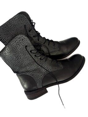 Felmini “Falling In Love" Shoes Moto Boots Lace Up Black/Gray Leather size 11